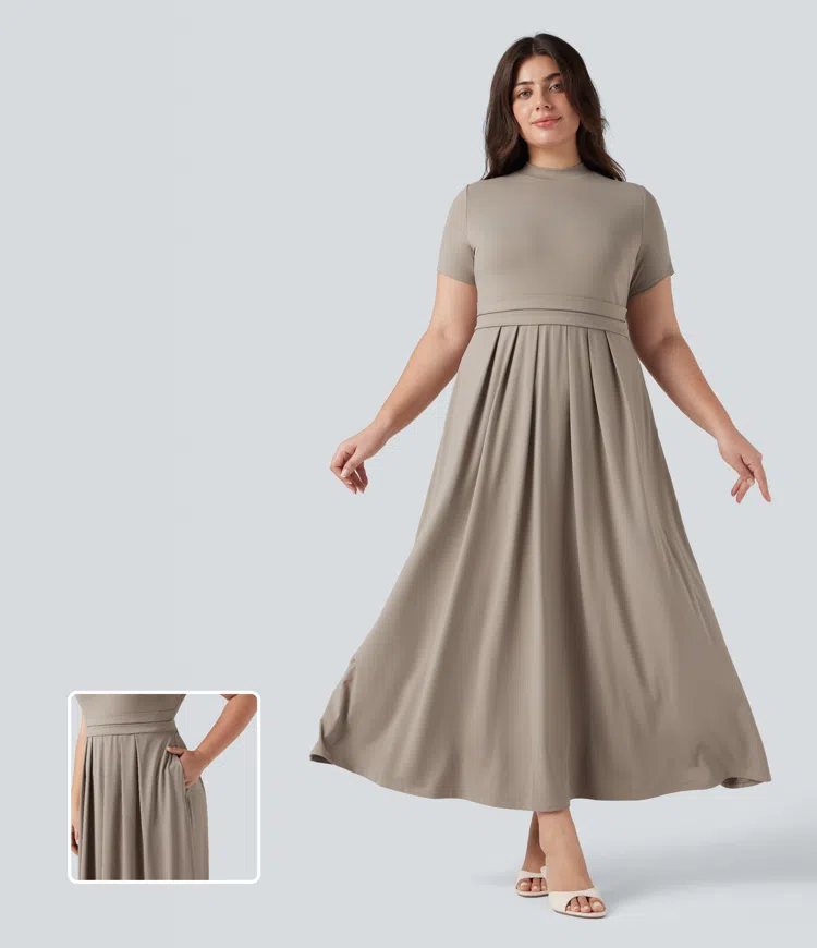 Plus Size Stand Collar Short Sleeve Flare Maxi Casual Dress with Pockets