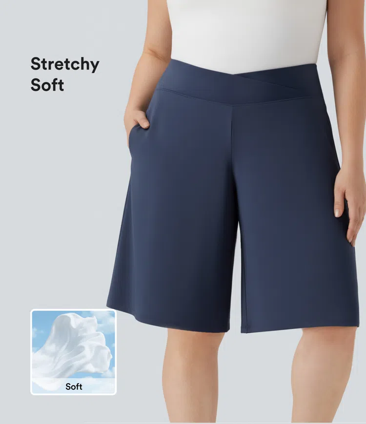 SoftlyZero™ Airy Crossover High Waisted Wide Leg InstantCool Yoga Pedal Pusher Plus Size Pants with Pockets