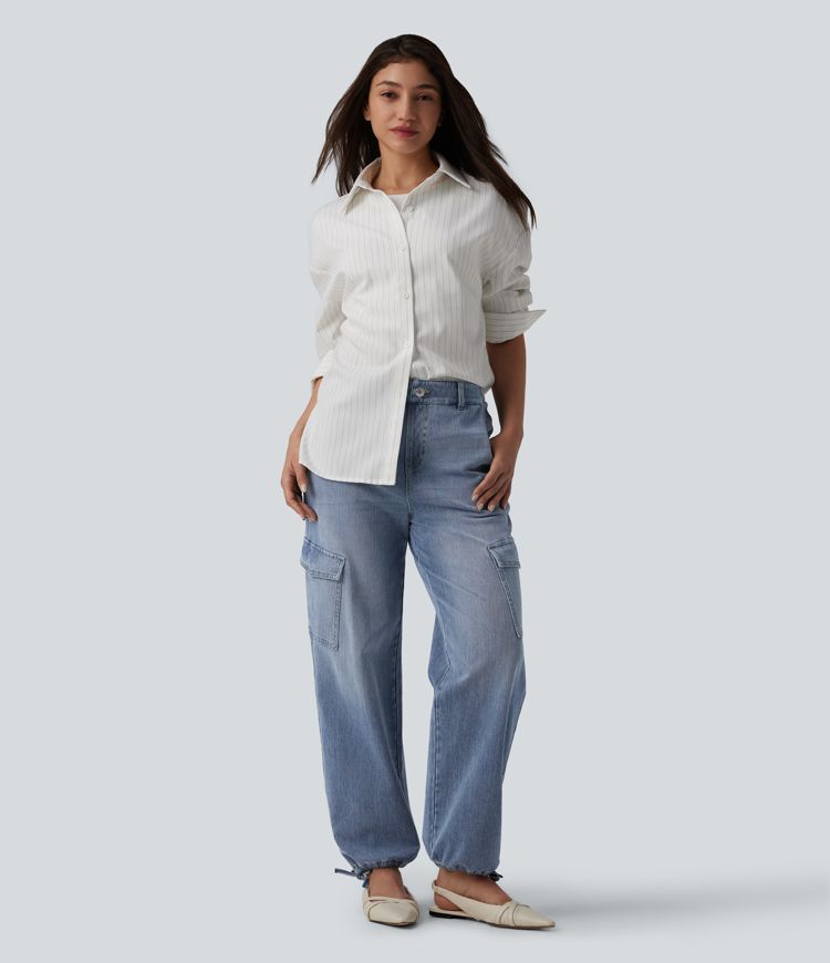 Halara Flex™ Mid Rise Washed Casual Cargo Jeans with Pockets