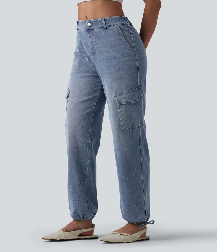 Halara Flex™ Mid Rise Washed Casual Cargo Jeans with Pockets
