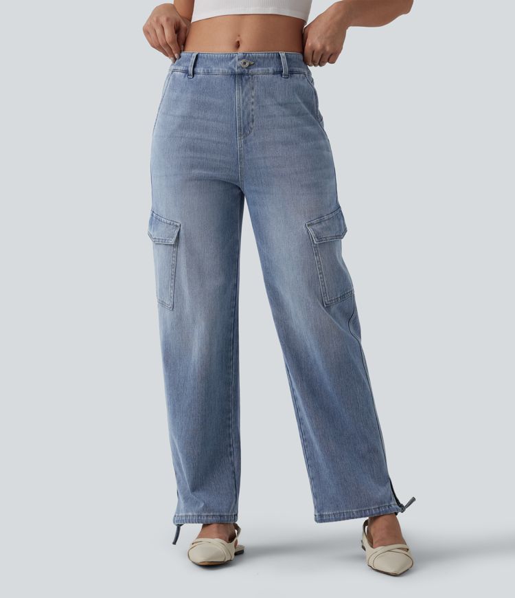 Halara Flex™ Mid Rise Washed Casual Cargo Jeans with Pockets