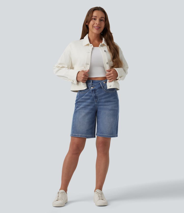 Short denim décontracté Halara Flex™ asymétrique délavé taille haute 23 cm avec poches