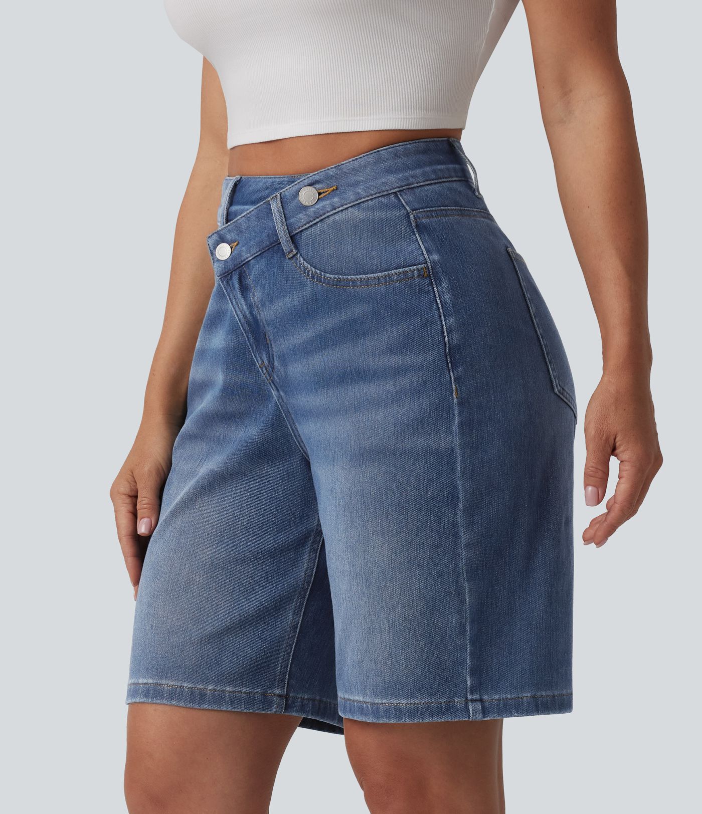 Short denim décontracté Halara Flex™ asymétrique délavé taille haute 23 cm avec poches