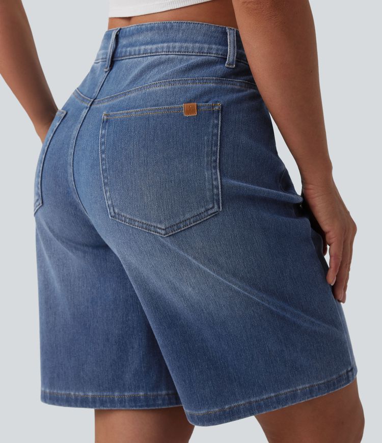 Short denim décontracté Halara Flex™ asymétrique délavé taille haute 23 cm avec poches