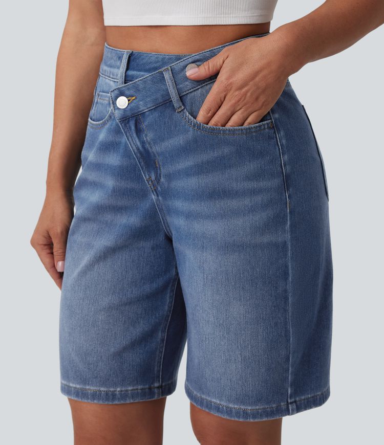 Short denim décontracté Halara Flex™ asymétrique délavé taille haute 23 cm avec poches