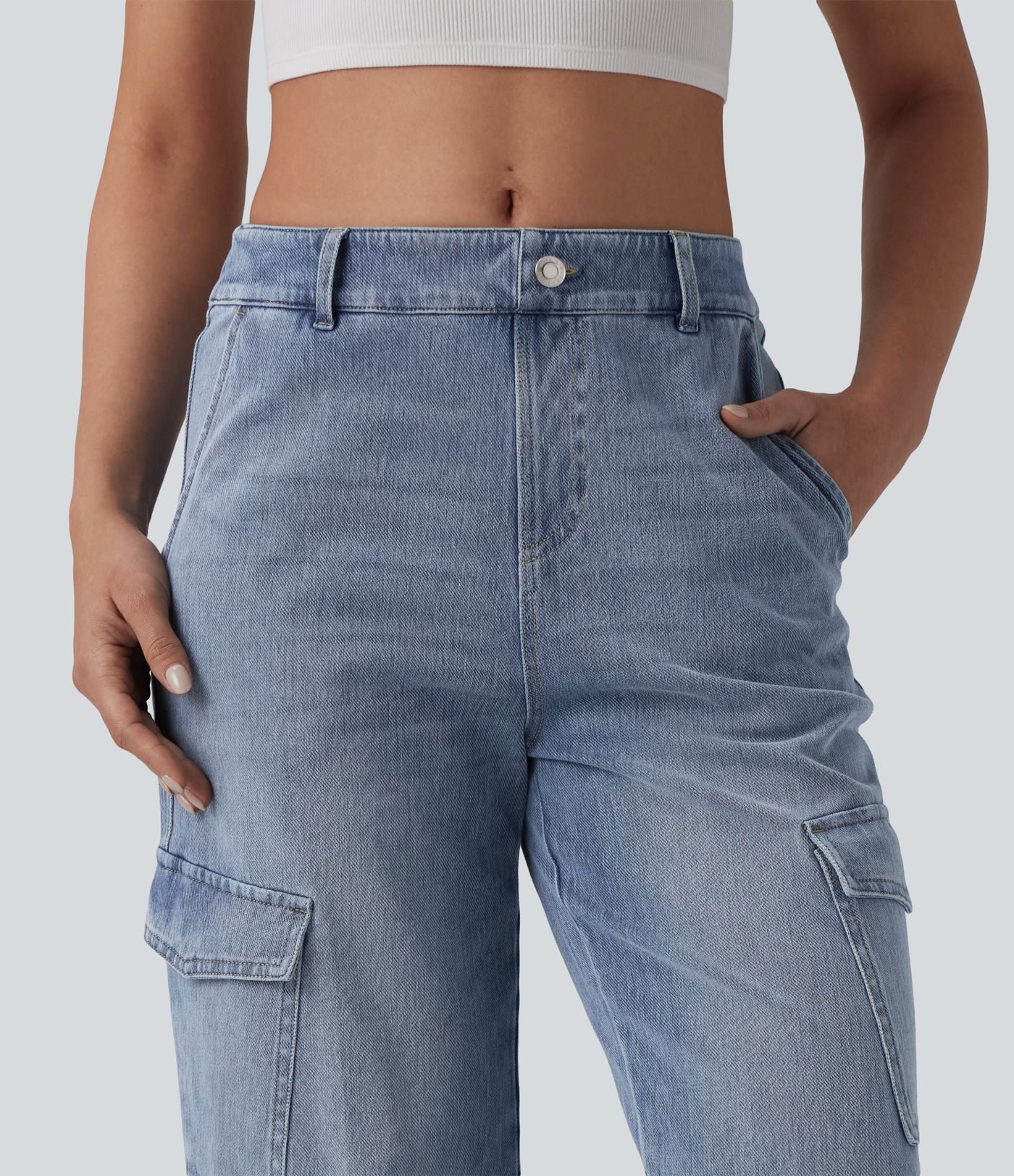 Halara Flex™ Mid Rise Washed Casual Cargo Jeans with Pockets