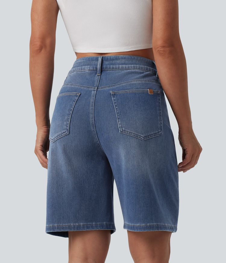 Short denim décontracté Halara Flex™ asymétrique délavé taille haute 23 cm avec poches