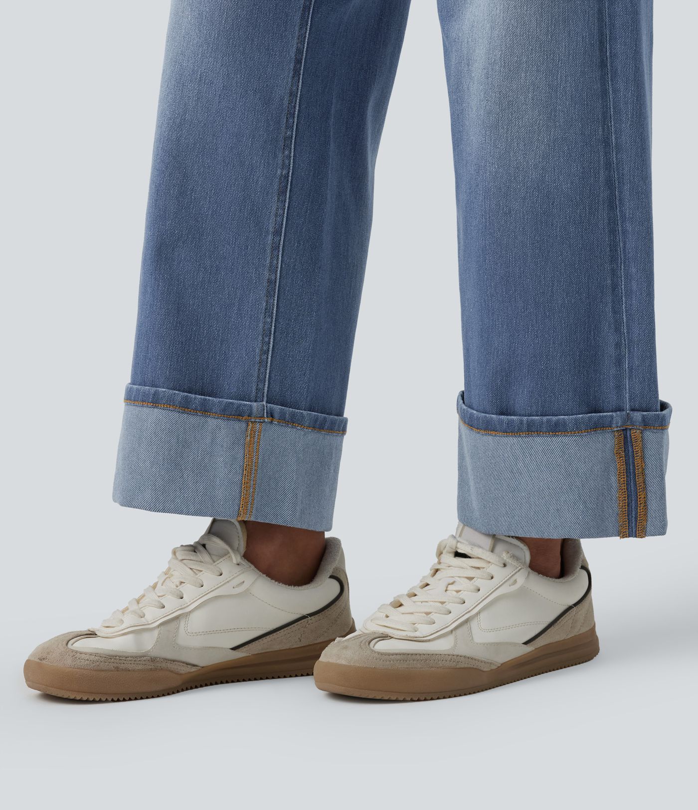 Halara Flex™ High Waisted Tummy Control Rolled Hem Wide Leg Washed Casual Jeans with Pockets