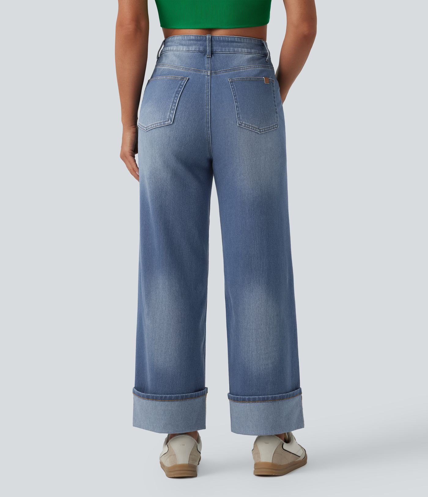 Halara Flex™ High Waisted Tummy Control Rolled Hem Wide Leg Washed Casual Jeans with Pockets