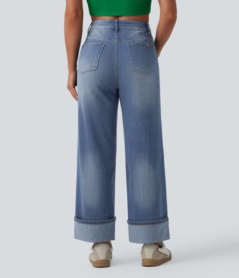 Halara Flex™ High Waisted Tummy Control Rolled Hem Wide Leg Washed Casual Jeans with Pockets