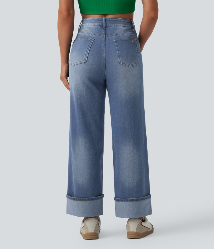 Halara Flex™ High Waisted Tummy Control Rolled Hem Wide Leg Washed Casual Jeans with Pockets