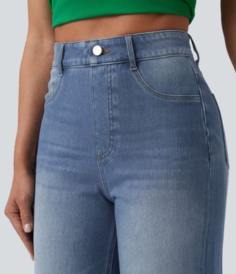 Halara Flex™ High Waisted Tummy Control Rolled Hem Wide Leg Washed Casual Jeans with Pockets