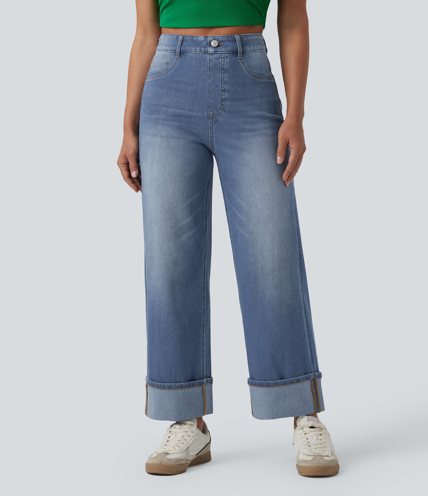 Halara Flex™ High Waisted Tummy Control Rolled Hem Wide Leg Washed Casual Jeans with Pockets