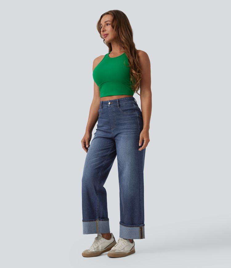 Halara Flex™ High Waisted Tummy Control Rolled Hem Wide Leg Washed Casual Jeans with Pockets