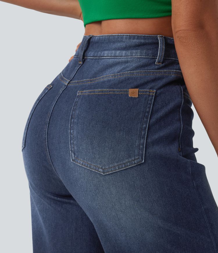 Halara Flex™ High Waisted Tummy Control Rolled Hem Wide Leg Washed Casual Jeans with Pockets
