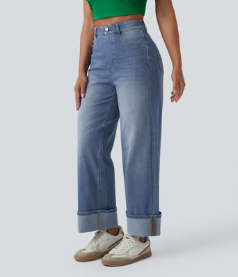 Halara Flex™ High Waisted Tummy Control Rolled Hem Wide Leg Washed Casual Jeans with Pockets