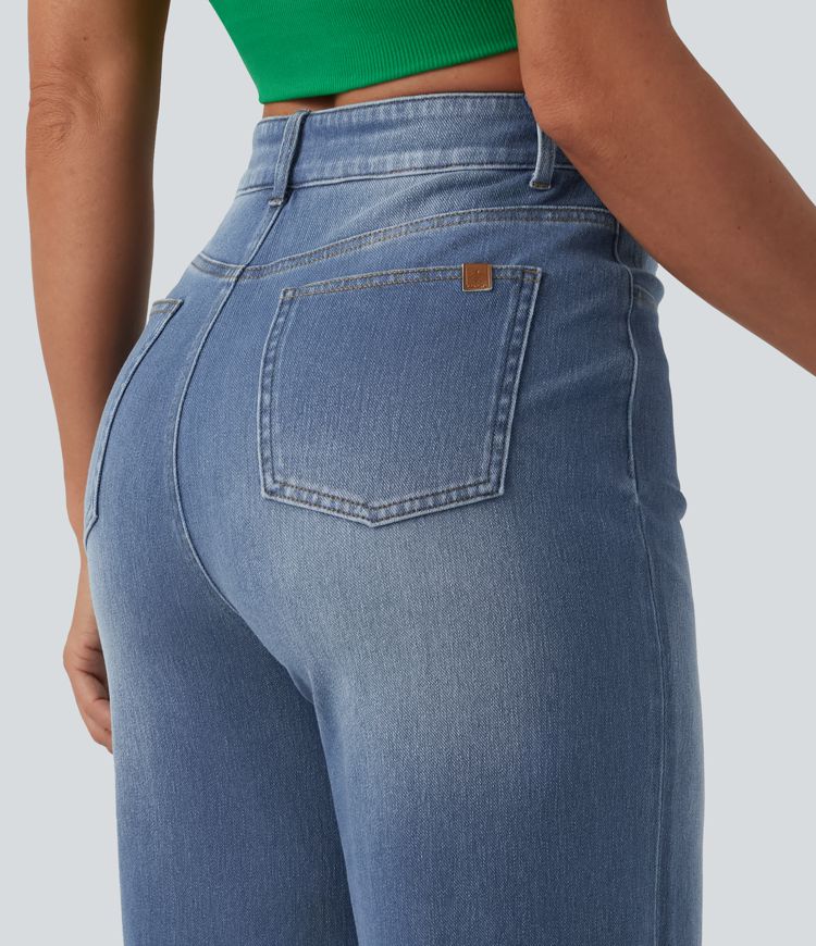 Halara Flex™ High Waisted Tummy Control Rolled Hem Wide Leg Washed Casual Jeans with Pockets