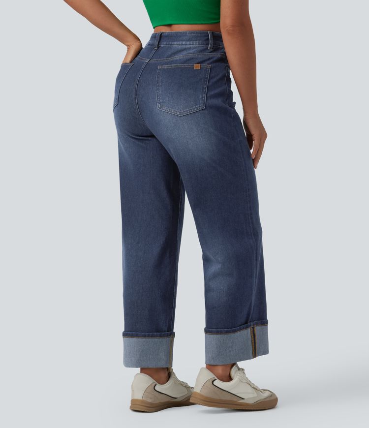 Halara Flex™ High Waisted Tummy Control Rolled Hem Wide Leg Washed Casual Jeans with Pockets