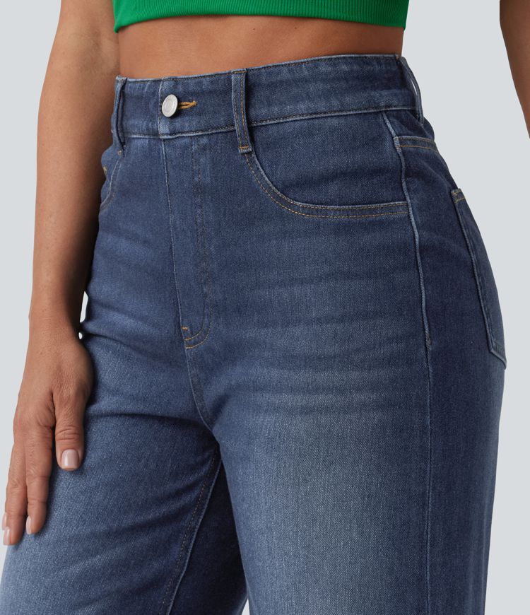Halara Flex™ High Waisted Tummy Control Rolled Hem Wide Leg Washed Casual Jeans with Pockets