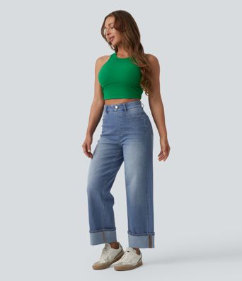 Halara Flex™ High Waisted Tummy Control Rolled Hem Wide Leg Washed Casual Jeans with Pockets