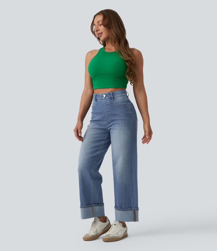 Halara Flex™ High Waisted Tummy Control Rolled Hem Wide Leg Washed Casual Jeans with Pockets