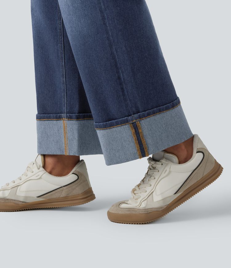 Halara Flex™ High Waisted Tummy Control Rolled Hem Wide Leg Washed Casual Jeans with Pockets