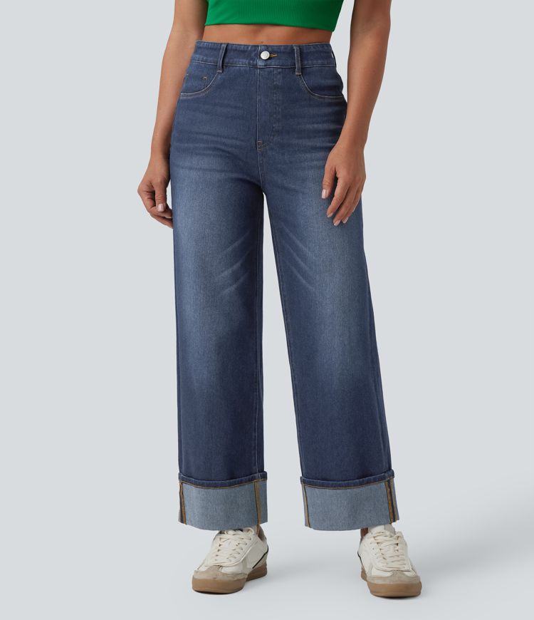Halara Flex™ High Waisted Tummy Control Rolled Hem Wide Leg Washed Casual Jeans with Pockets