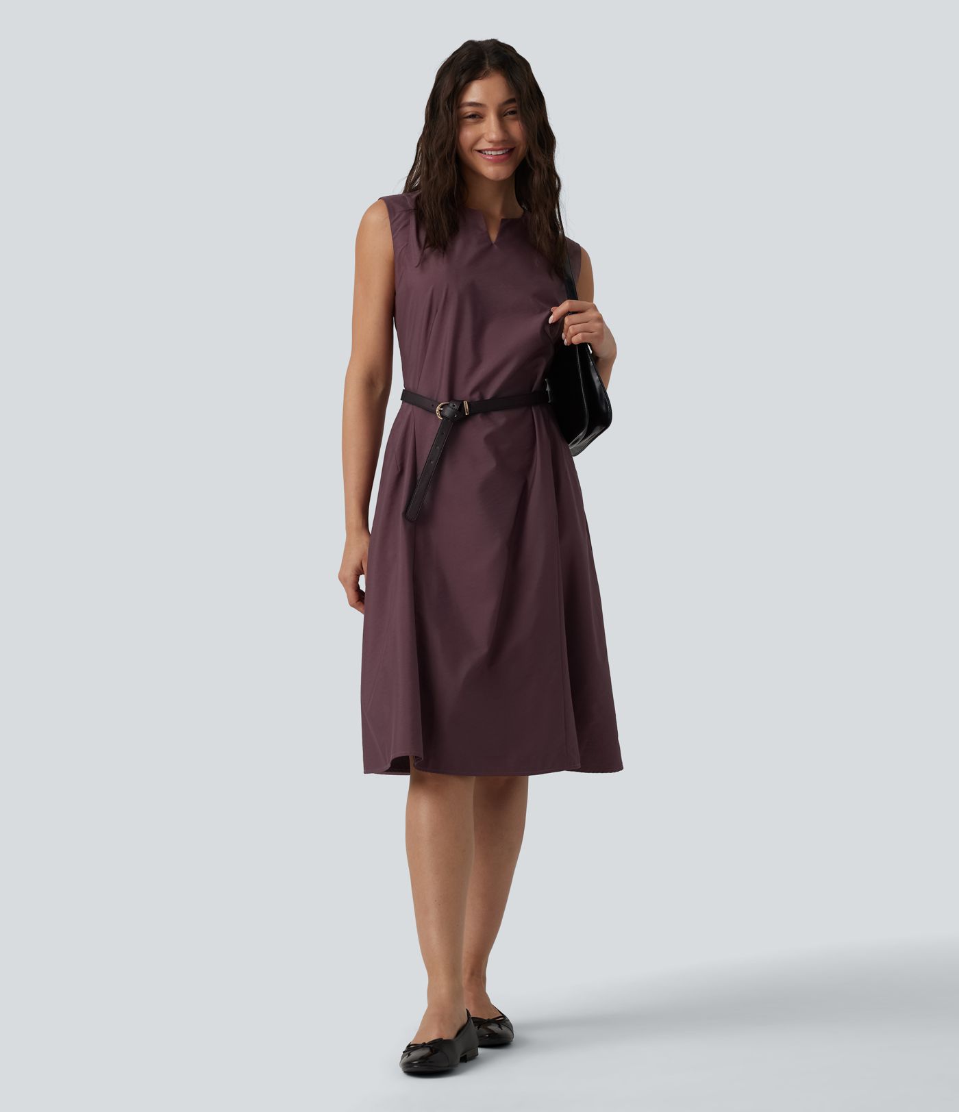 Notched Sleeveless Midi Work Flare Dress with Pockets