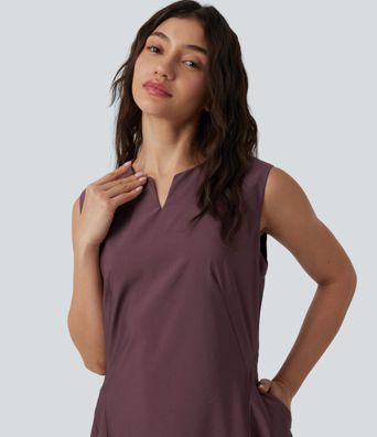 Notched Sleeveless Midi Work Flare Dress with Pockets