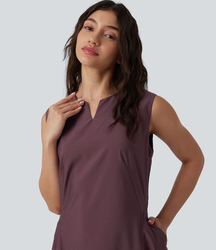 Notched Sleeveless Midi Work Flare Dress with Pockets