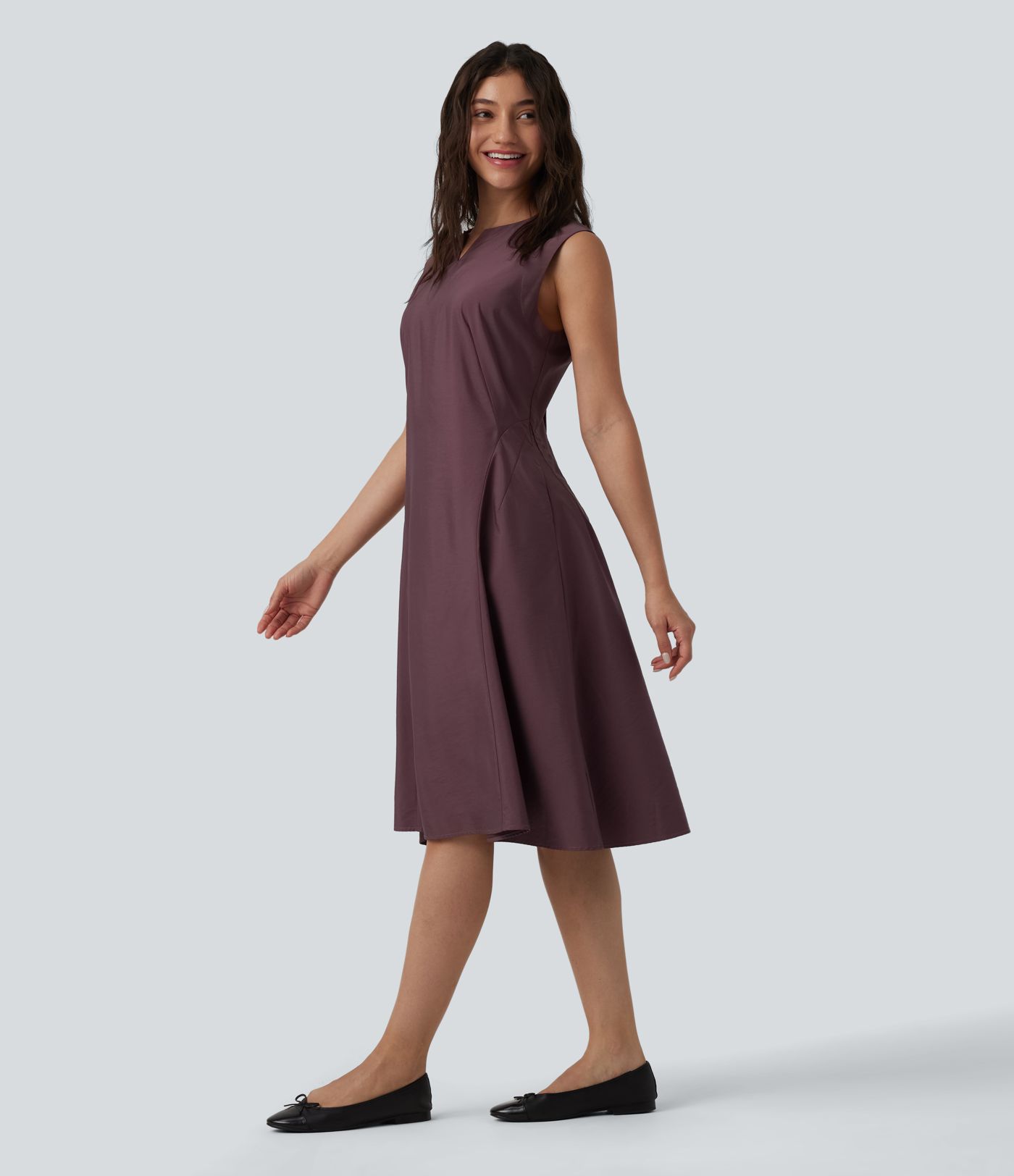 Notched Sleeveless Midi Work Flare Dress with Pockets
