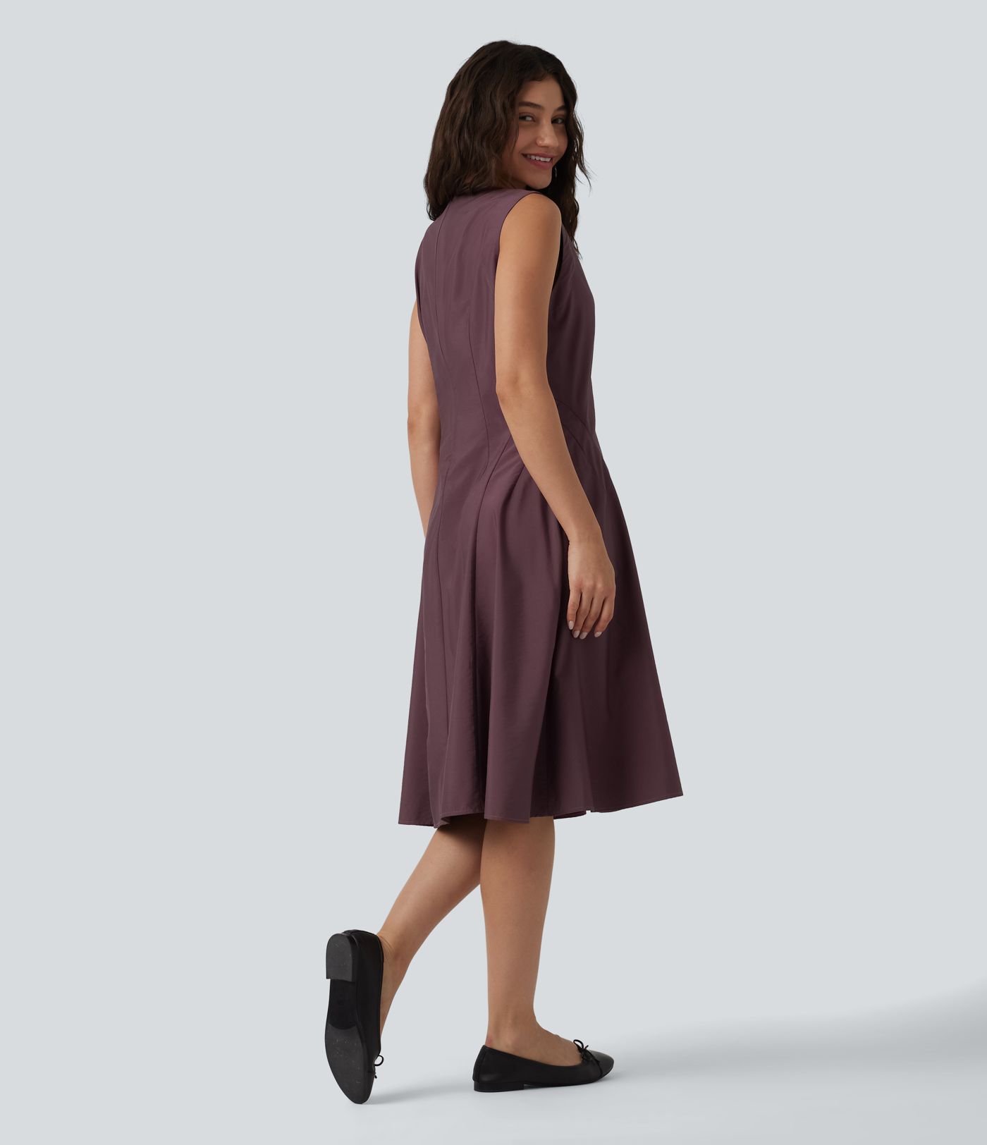 Notched Sleeveless Midi Work Flare Dress with Pockets