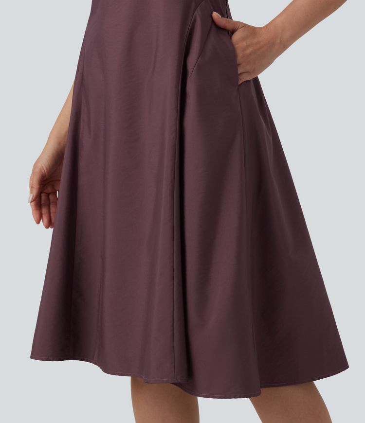 Notched Sleeveless Midi Work Flare Dress with Pockets