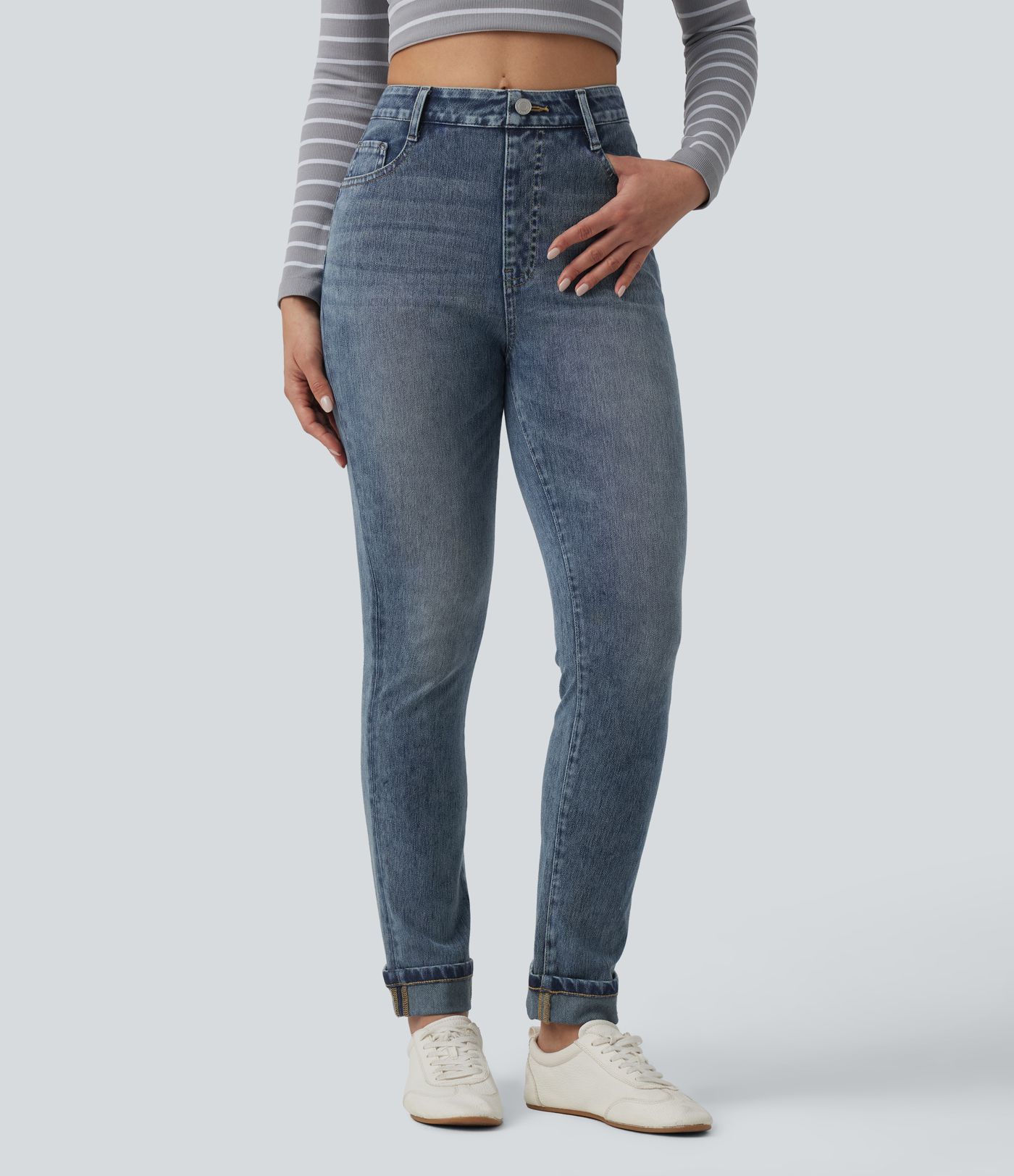 Halara Flex™ High Waisted Rolled Hem Casual Slim Jeans with Pockets