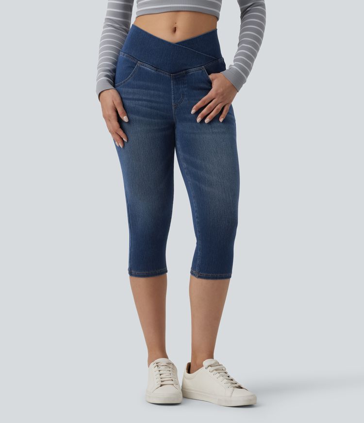 Halara Flex™ Crossover High Waisted Denim Capri Casual Leggings with Pockets