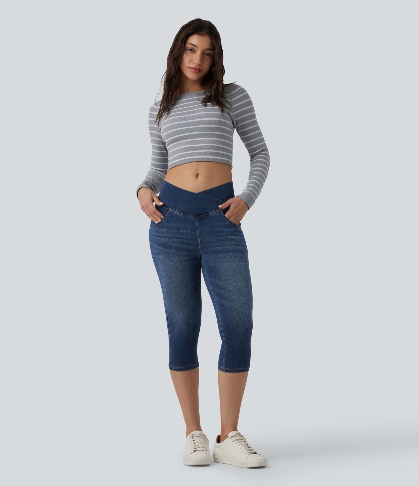 Halara Flex™ Crossover High Waisted Denim Capri Casual Leggings with Pockets