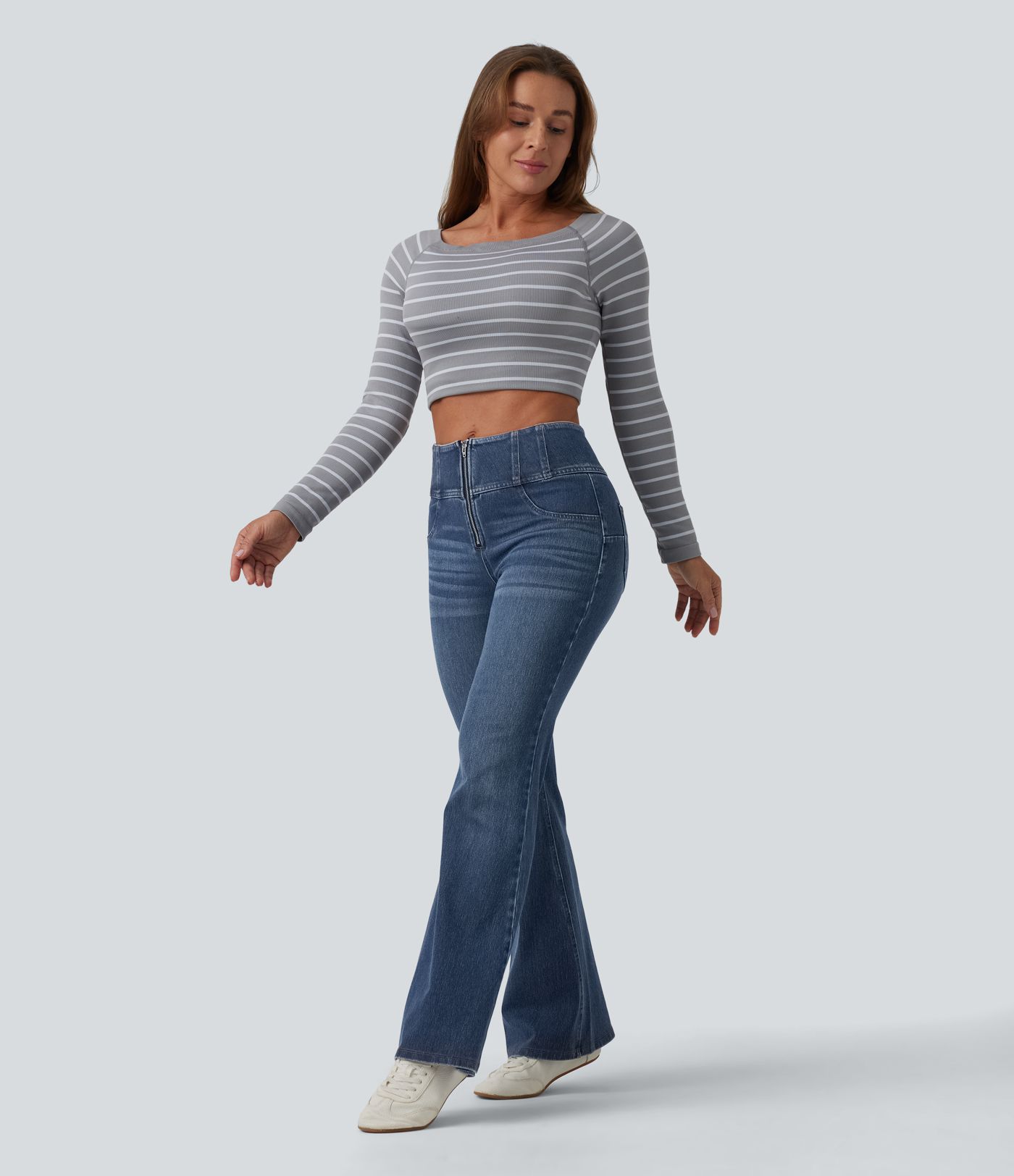 Halara Flex™ Mid Rise Tummy Control Half Zip Flare Casual Jeans with Pockets
