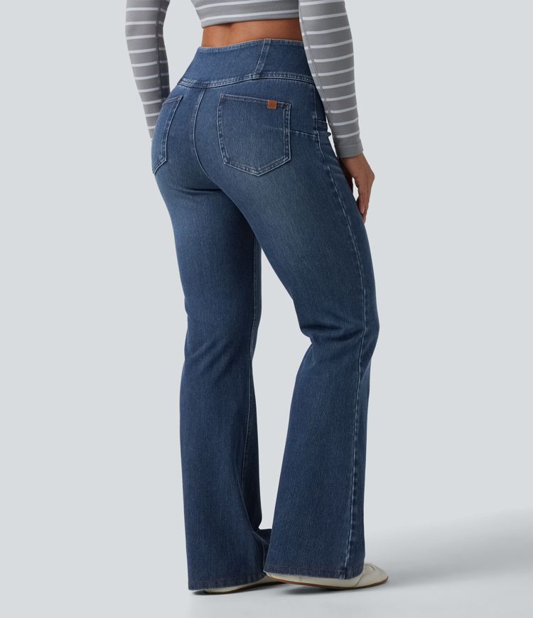 Halara Flex™ Mid Rise Tummy Control Half Zip Flare Casual Jeans with Pockets