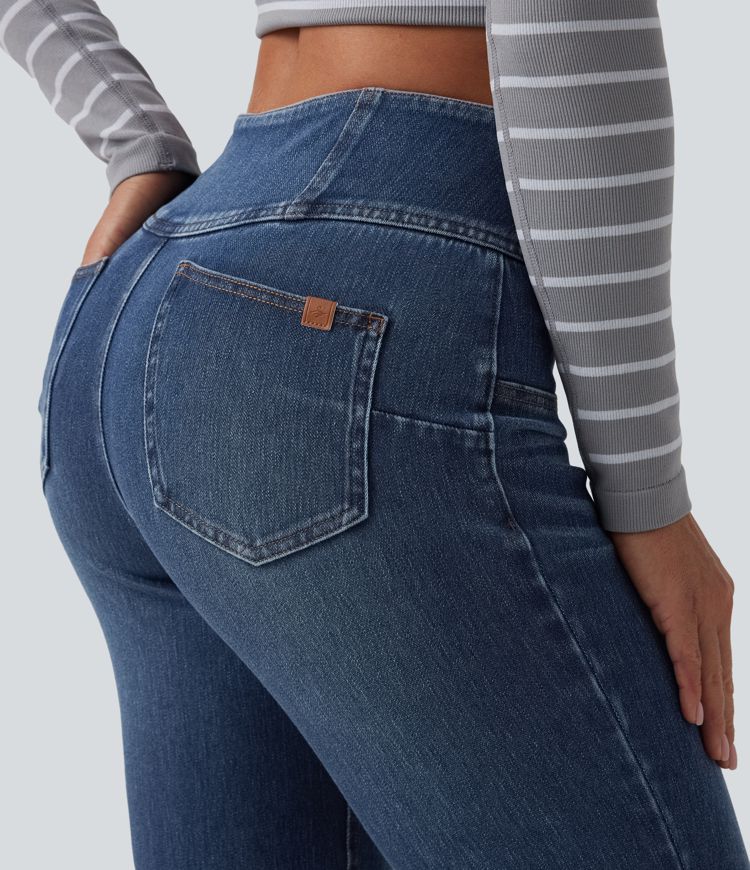 Halara Flex™ Mid Rise Tummy Control Half Zip Flare Casual Jeans with Pockets