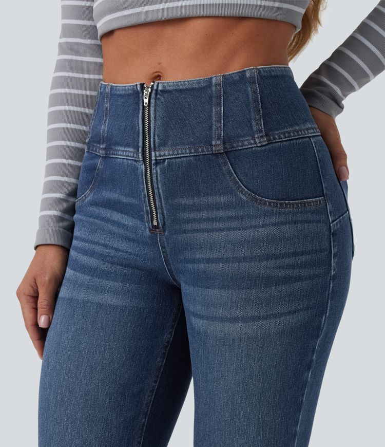 Halara Flex™ Mid Rise Tummy Control Half Zip Flare Casual Jeans with Pockets