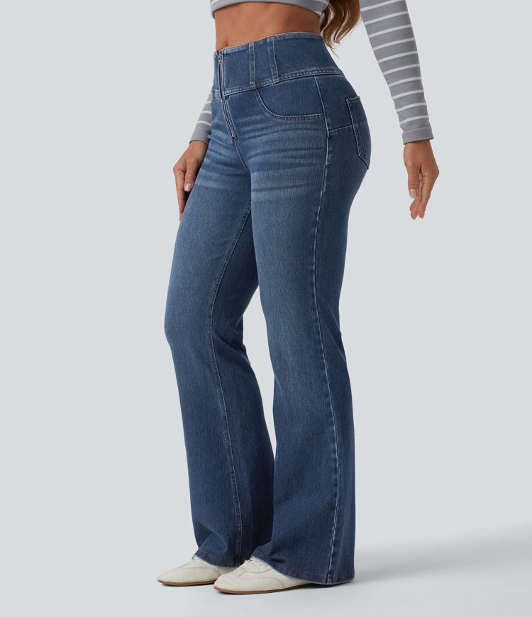 Halara Flex™ Mid Rise Tummy Control Half Zip Flare Casual Jeans with Pockets