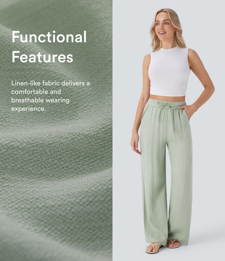 Aukšto liemens platėjančios kelnės su raišteliu ir kišenėmis, primenančios lino audinį