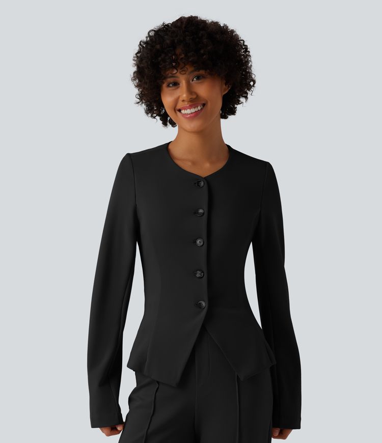 SculptKnit Slim-Fit Business-Blazer mit rundem Halsausschnitt und langen Ärmeln