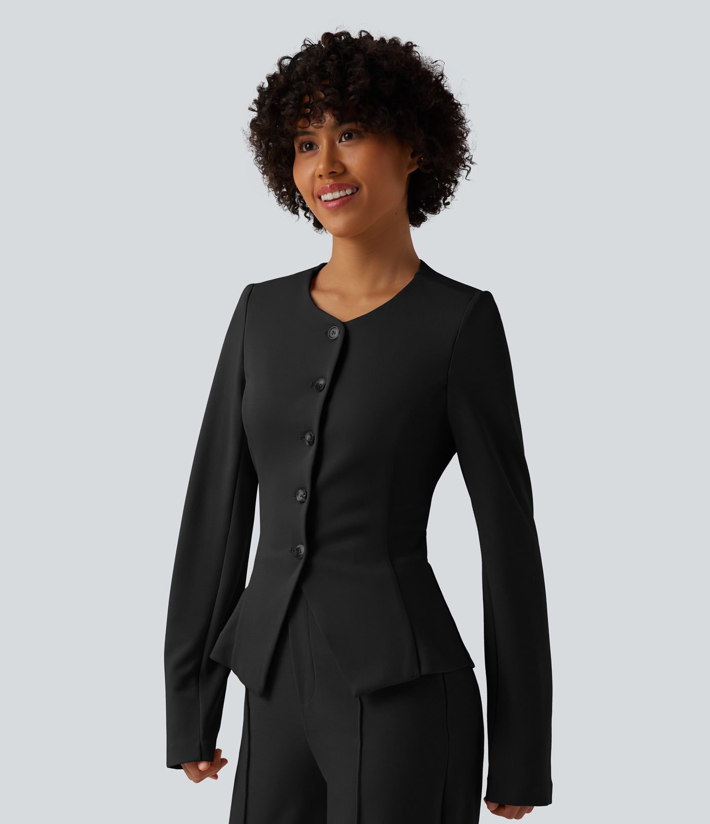SculptKnit Slim-Fit Business-Blazer mit rundem Halsausschnitt und langen Ärmeln