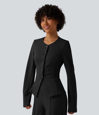 SculptKnit Slim-Fit Business-Blazer mit rundem Halsausschnitt und langen Ärmeln