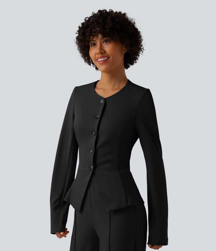 SculptKnit Slim-Fit Business-Blazer mit rundem Halsausschnitt und langen Ärmeln