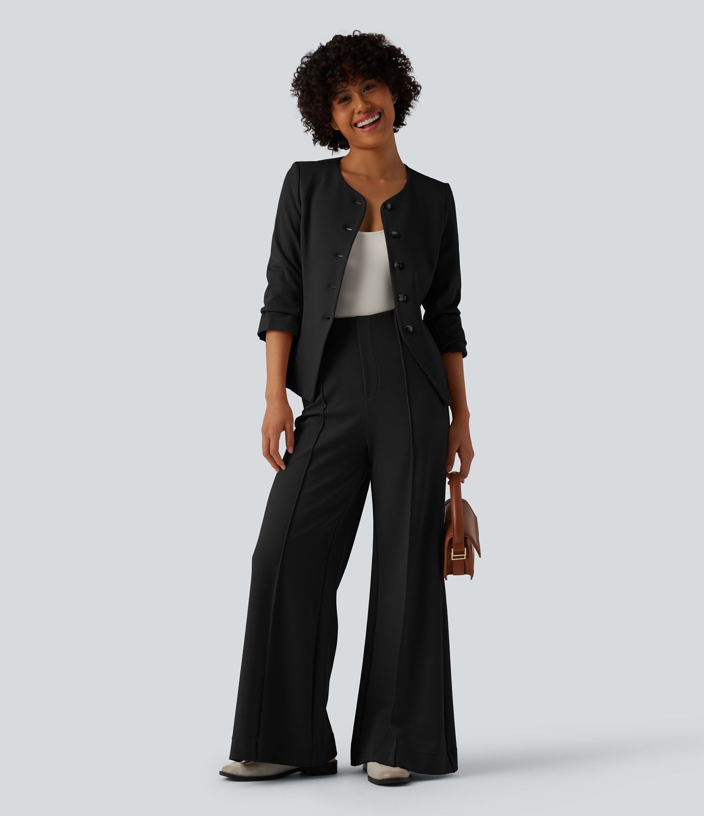 SculptKnit Slim-Fit Business-Blazer mit rundem Halsausschnitt und langen Ärmeln