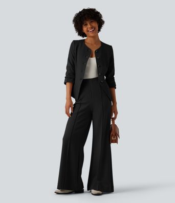 SculptKnit Slim-Fit Business-Blazer mit rundem Halsausschnitt und langen Ärmeln