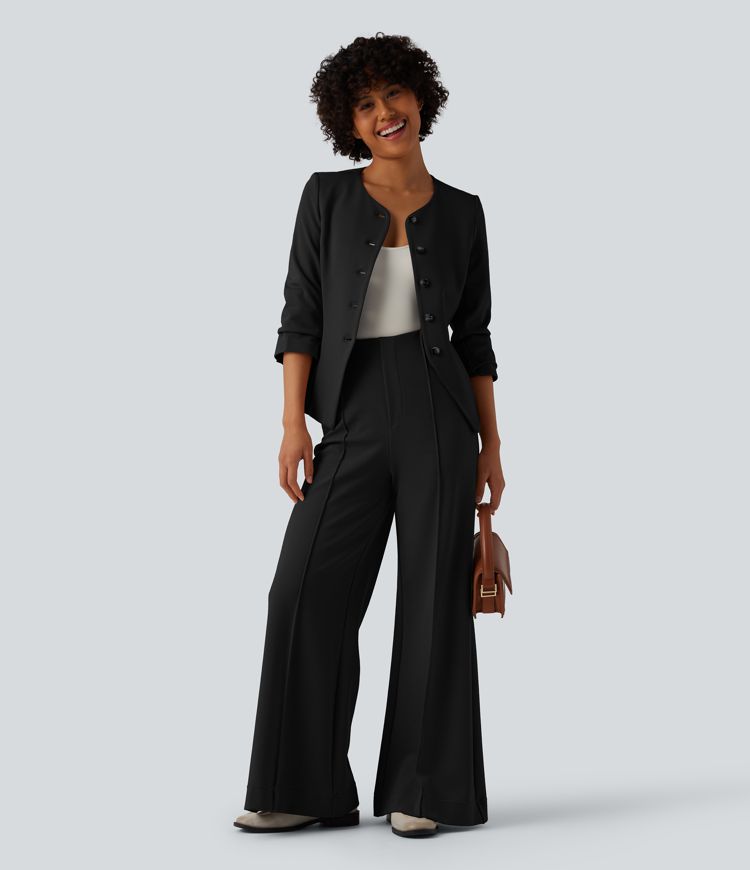 SculptKnit Slim-Fit Business-Blazer mit rundem Halsausschnitt und langen Ärmeln