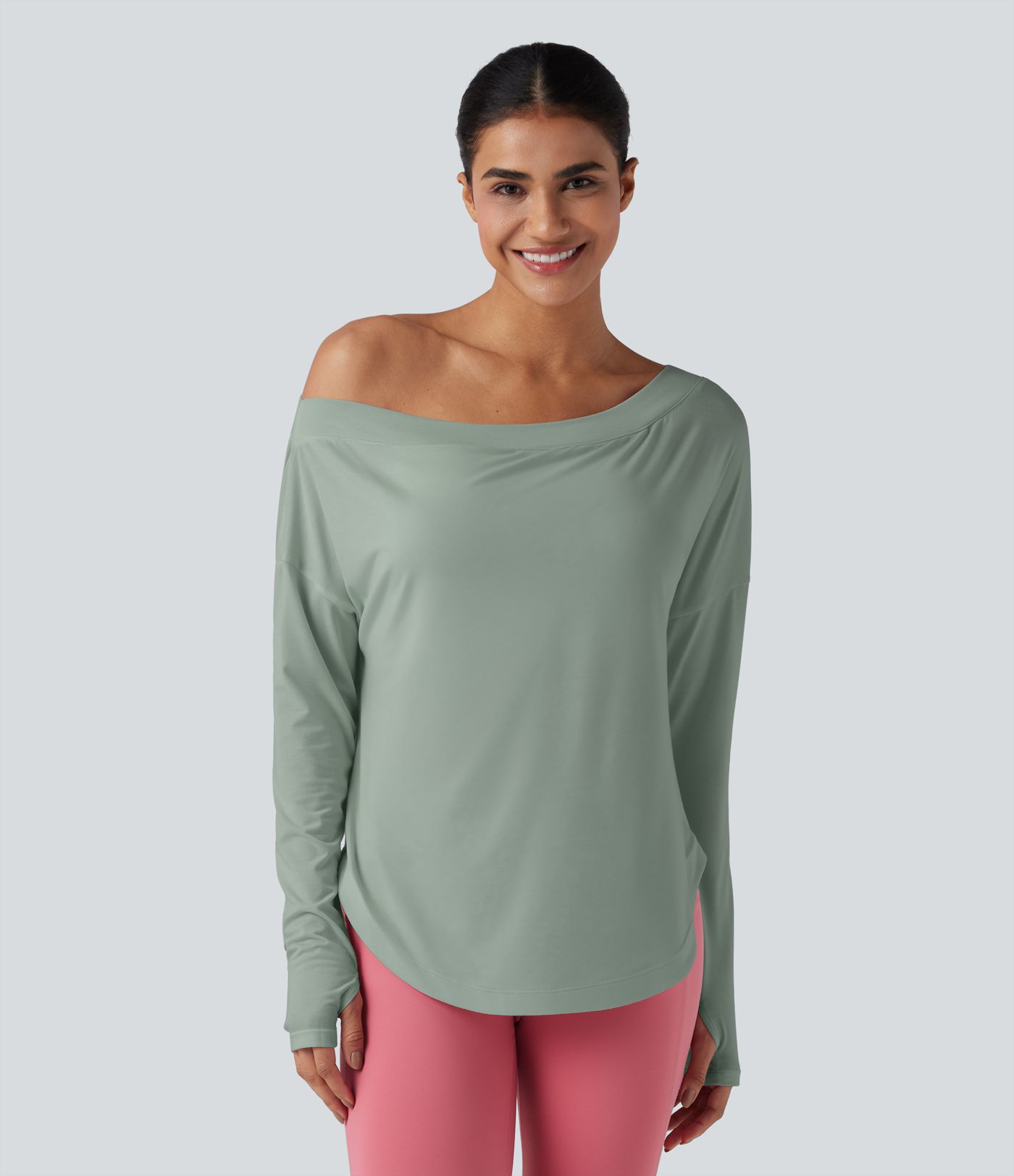 One Shoulder Long Sleeve Thumb Hole Curved Hem High Low Quick Dry Yoga Sports Top-Built-in Bra